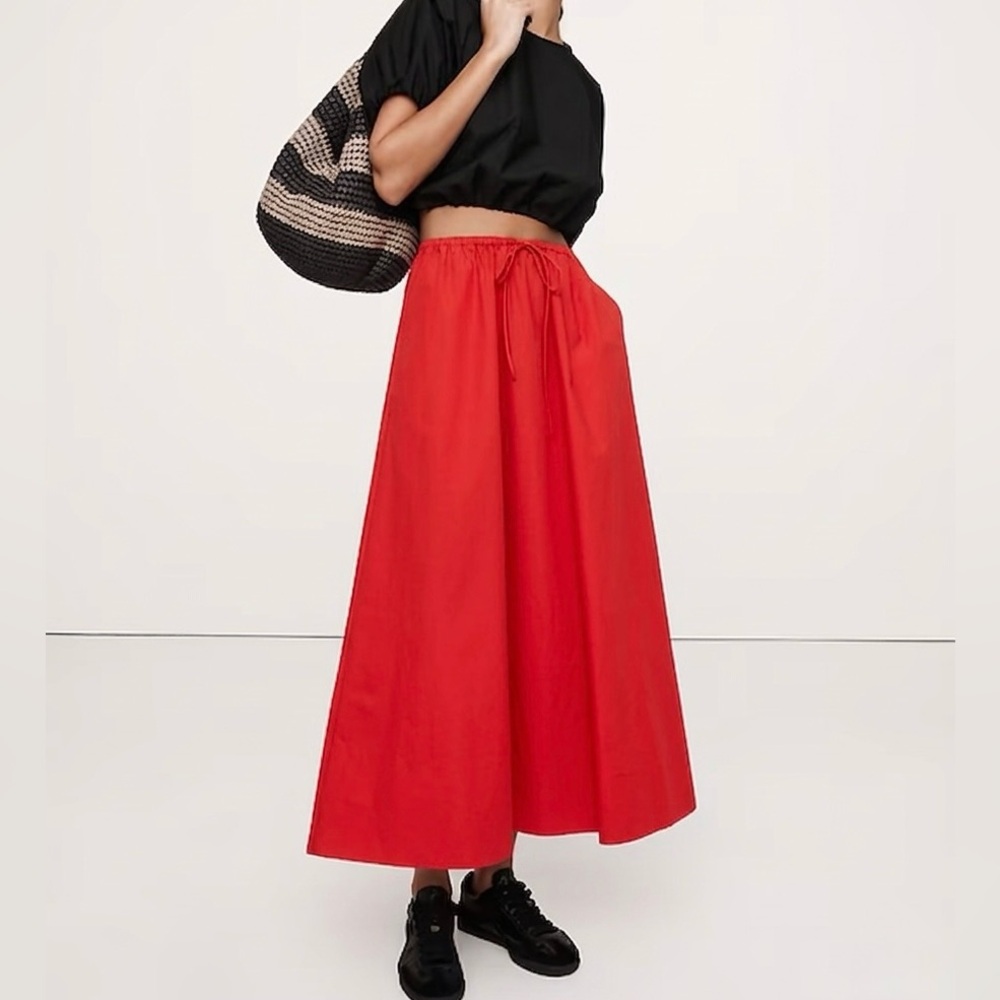 Banana Republic Bright Red Cotton Poplin Maxi Skirt with Drawstring Waist